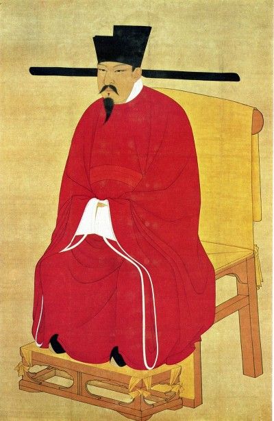 Picture of Chinese emperor Taizu dressed in red on a yellow chair