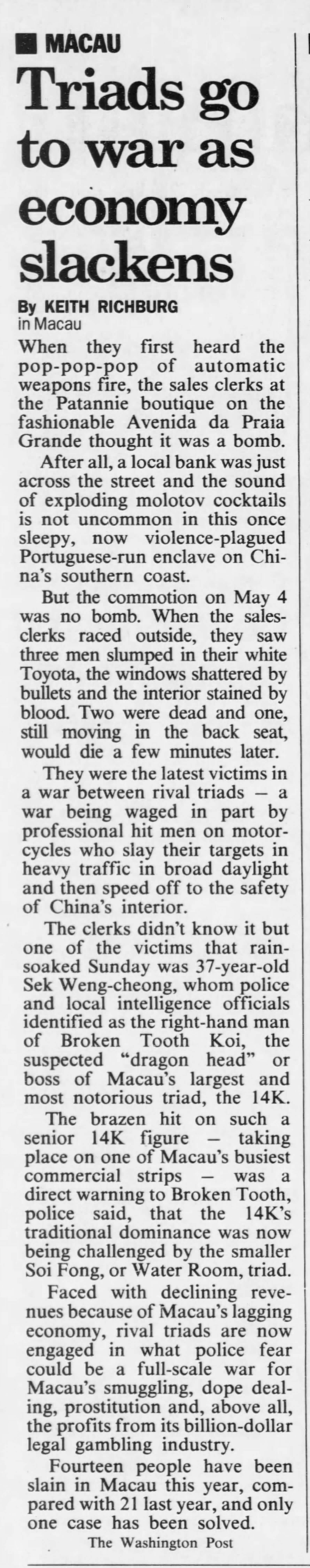  Washington Post reported on Macau in 1997