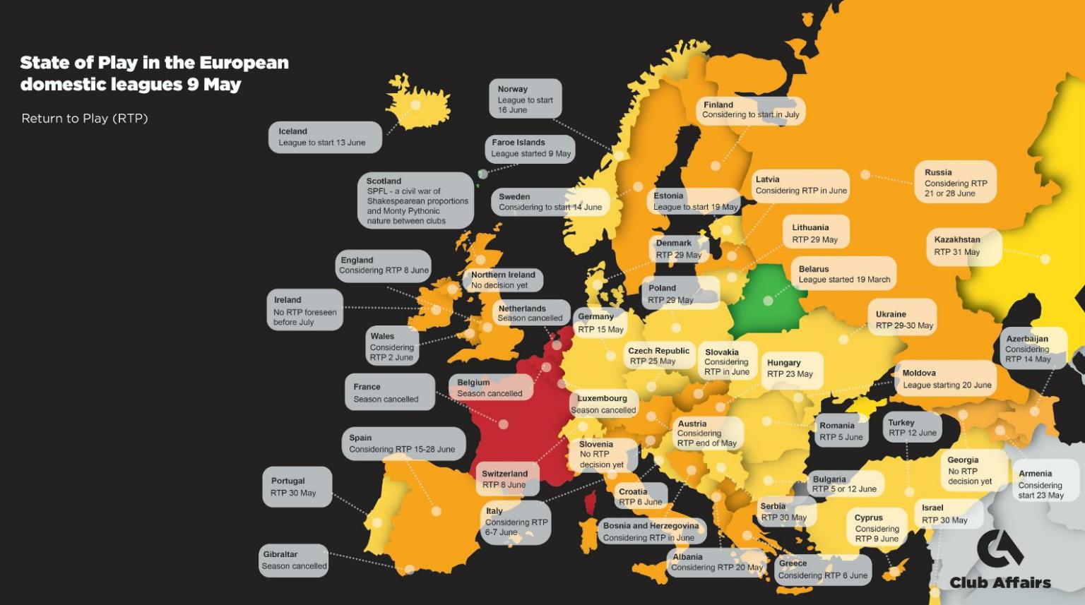 Map of Europe with live event statuses on 9 May 2020