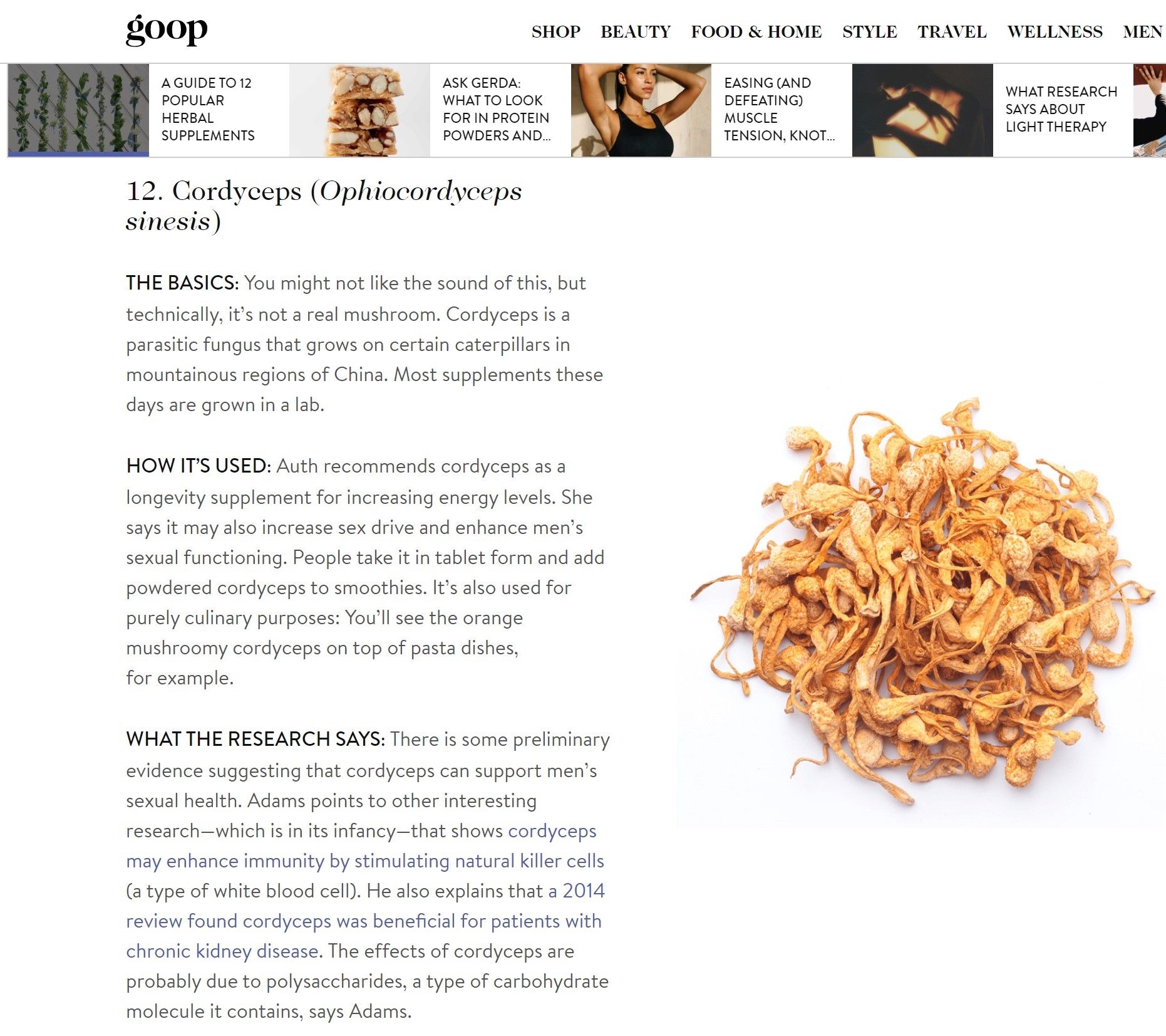 Description of Cordyceps mushrooms on GOOP lifestyle website