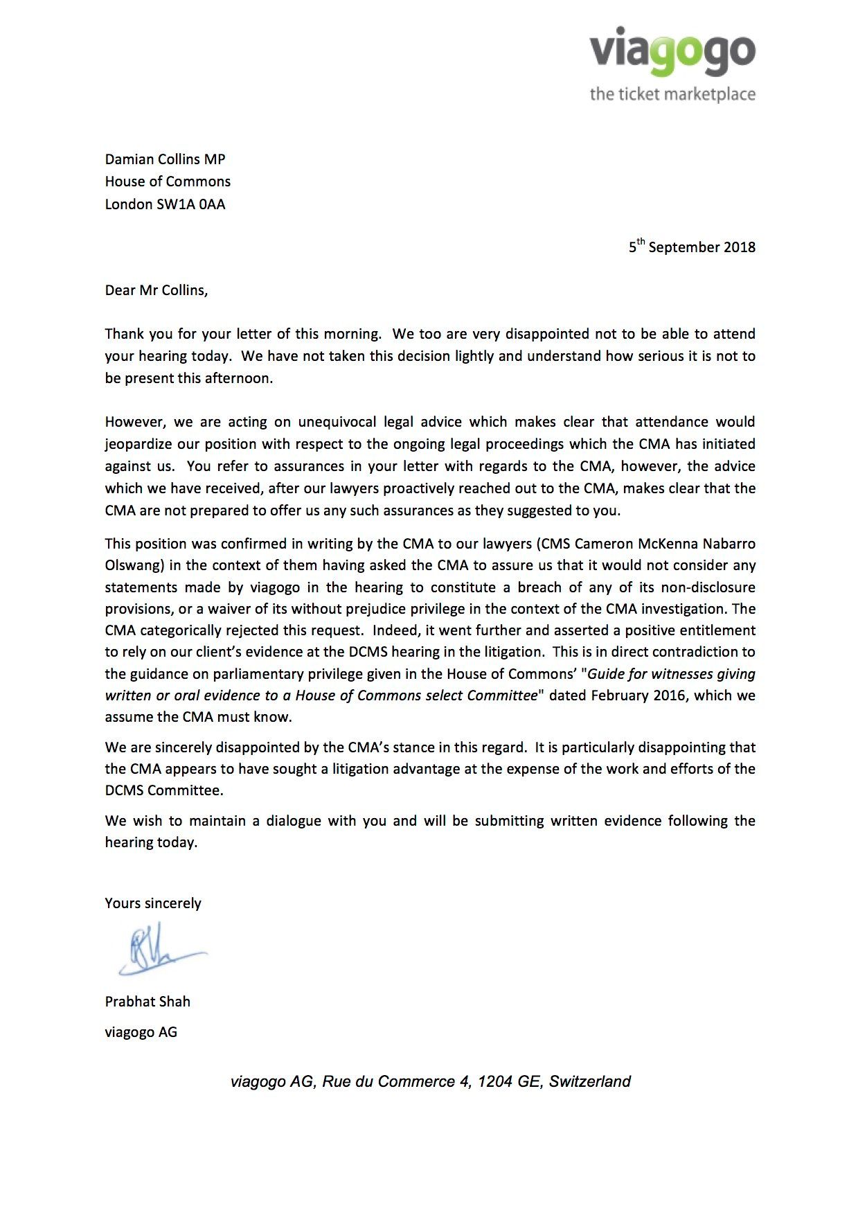 Viagogo letter to MP Damian Collins