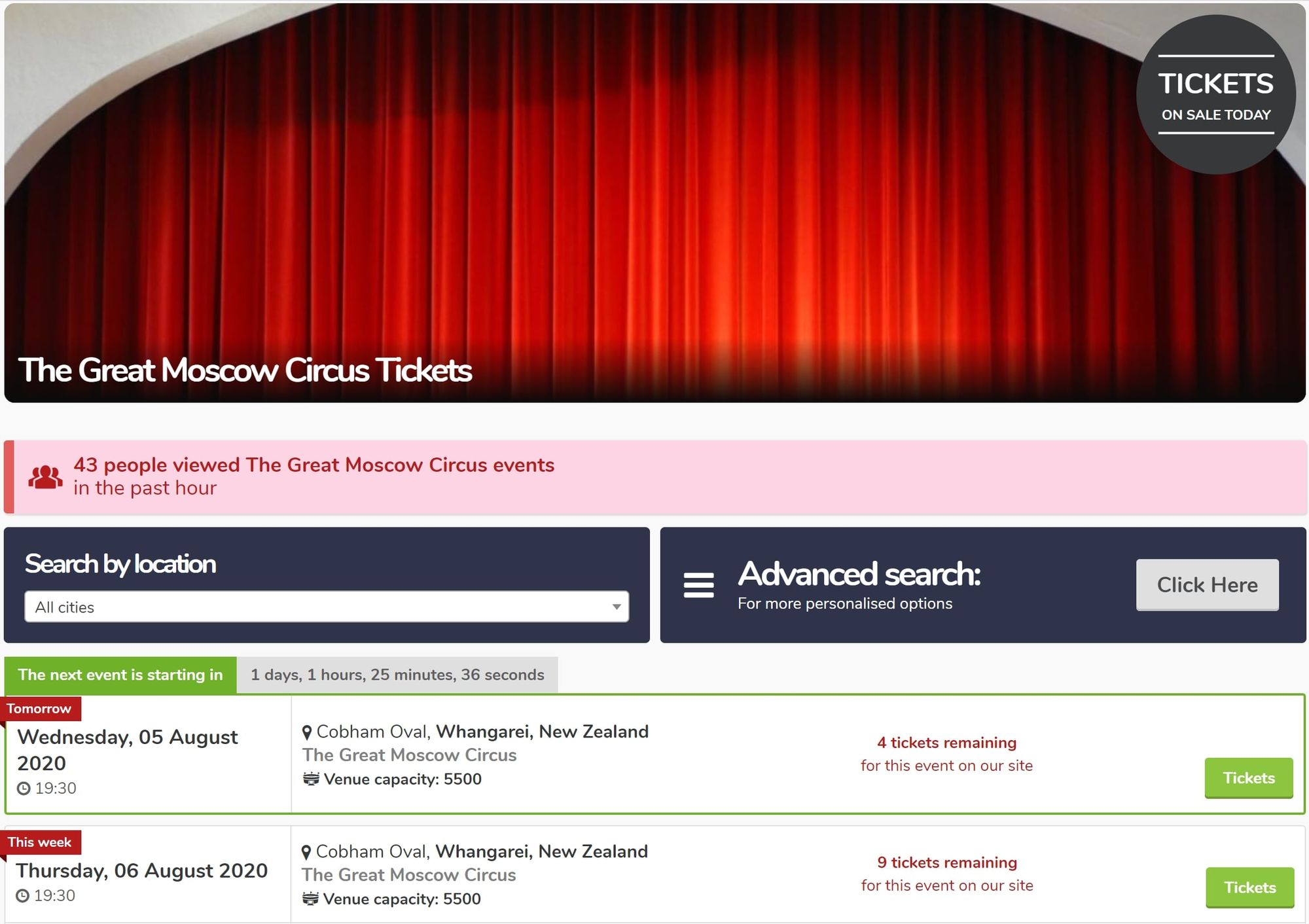 Viagogo website with Great Moscow Circus listings